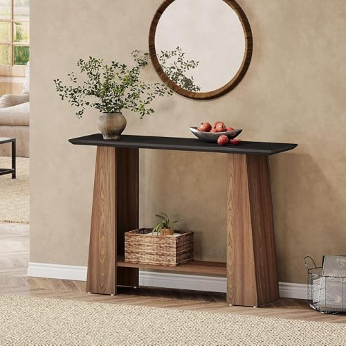 Tribesigns Mid-Century - Tavolino consolle sottile con 2 ripiani, 120 cm, moderno, in legno, per corridoio, dietro il divano, per soggiorno, corridoio, ingresso, piccoli spazi, nero e noce