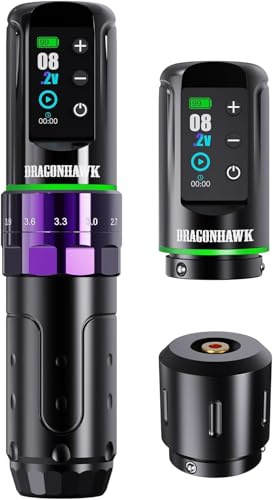 Dragonhawk L3 Kit Penna Tatuaggio Senza Filo Rotativa, 7 Corse Regolabili | 2 Batterie 2000mAh, Connessione RCA, Aghi Professionali, Viola