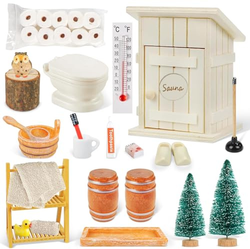 Tccydm Wichtel Toilettenhäuschen aus Holz, 32 Stück Wichtel Toilette Set, Puppenhaus Zubehör für Wichteltür und Weihnachten, Miniatur Zubehör Badezimmer, Wichtelhaus Holz Wichtel Zubehör Weihnachten