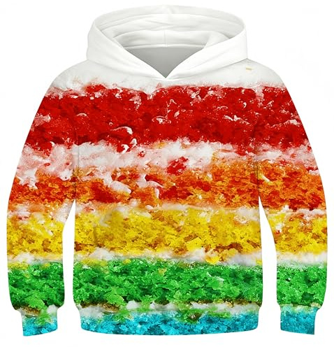 Ocean Plus pojkar fleece digitalt tryck huvtröja unisex långärmad huvtröja barn sweatshirt med huva, regnbåge, 7-8 år