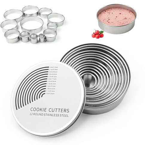 12 Pcs Round Cookie Cutter Set, Pastry Cutters for Baking, Stainless Steel Circle Biscuit Cutters, Durable Ring Scone Cutter for Baking Pastry Donut Fondant Dough DIY Cake (12 Sizes)