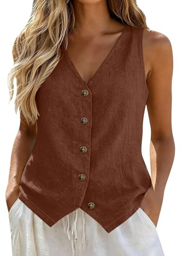 Chaleco de Algodón y Lino para Mujer, Sin Mangas, Cuello en V, Botones Frontales Chaquetas Mujer, Casual Elegante Ropa Mujer Camisetas Basicas, Ideal para Oficina y Verano, Sólido y Ajustado