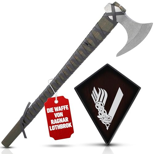Wikinger Axt - Ragnar Lothbroks Kriegsaxt - Kampfaxt Vikinger - Streitaxt Metall - 63 cm Deko Wikinger Kampfaxt mit Schild aus Holz