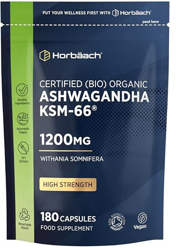 Organic Ashwagandha KSM-66 1200mg with 5% Withanolides | Pure Ashwagandha Root Powder | High Strength | 180 Vegan Capsules (Not Tablets) | Supplement for Men & Women | by Horbaach