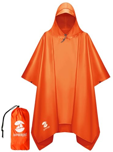 SaphiRose Regnponcho med huva, vattentät regnjacka, jacka för män, kvinnor, vuxna, Orange, One Size