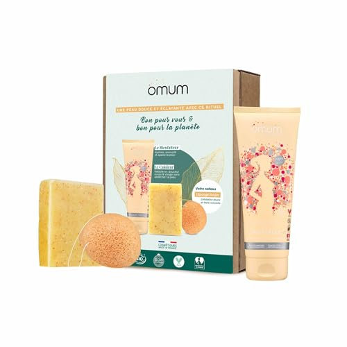 OMUM - Set für weiche & strahlende Haut – 1 Seife Le Cajoleur + 1 Konjakschwamm Ma Bonne Fée + 1 Körpermilch Le Wohltäter – Routine für optimale Schönheit – Bio und Vegan – Set umweltfreundlich und