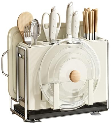 Cachpib Kitchen Knife Holder, Universal Knife Block Plus Utensil Holder Set, Multifunctional Countertop Cutting Board Rack Knife Lid Storage Rack for Home Kitchen Dining Room