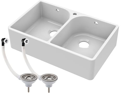 Balterley 795mm Butler White Kitchen Sink, Double Bowl Flush Weir with Tap Hole & 2 Wastes with Overflow, Durable Butler Fireclay Ceramic Kitchen Sink Bowl, Farmhouse Sinks - 795 x 500 x 220mm (White)