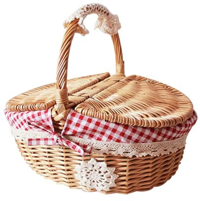 Picknickkorb aus Weide, Natural Weidenkorb mit Henkel, Tragekorb aus Weide Einkaufskorb, Picknickkorb im Landhausstil mit Deckel, für Picknicks, Camping und Aktivitäten im Freien