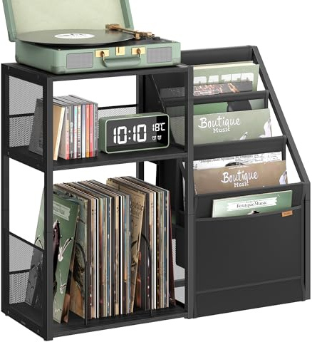 VASAGLE Record Player Stand, 3-Tier Side Table, Vinyl Record Storage up to 140 Albums, End Table for Living Room, Bedroom, Ebony Black LET276B01