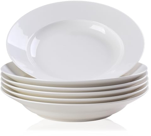 Piler Set of 6 Soup Bowls, 21 oz Pasta Bowls, Elegant White Ceramic Wide Rim Bowls, Microwave, Oven & Dishwasher Safe for Soup, Pasta, Salad, 9.5''