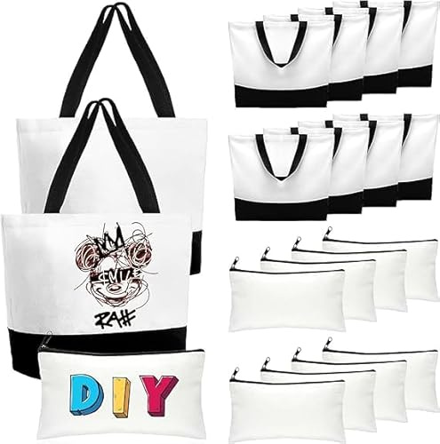 PQHIQ 16 Pcs Sublimation Blanks Tote Bags, 8 Pcs Reusable Grocery Bags DIY Heat Transfer Canvas Bags & 8cs Makeup Bags Shopping Totes with Customized Color for DIY, Advertising, Christmas Craft