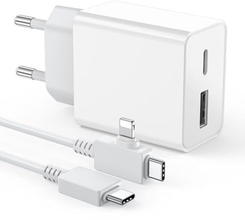 Chargeur USB C, 25W Prise USB C Rapido à Double Porte avec Câble 2-en-1, Chargeur Rapide pour iPhone 16 Pro/15/14/12/11/Pro Max/X/XS/XR/8/7/6S/iPad, Samsung Galaxy