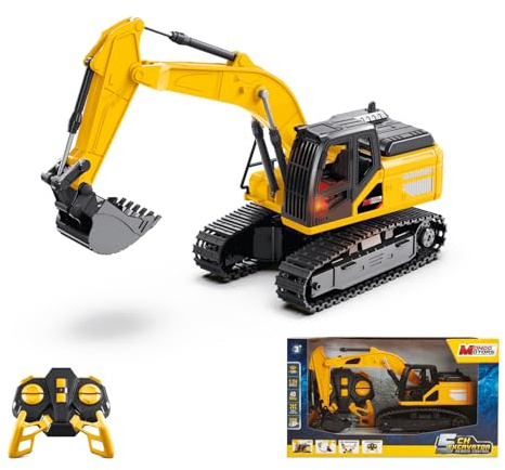 MONDO Motors Escavatore radiocomandato, modello in scala 1:24, pacco batterie ricaricabili incluso, movimenti controllabili dal telecomando, giocattolo per bambini 63847