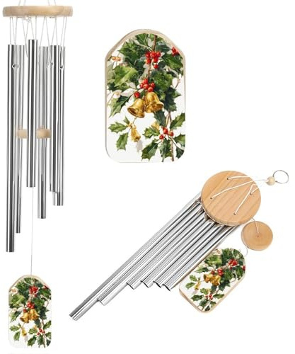 Scacciapensieri festivi con campane dorate e foglie di agrifoglio, scacciapensieri con 6 tubi in alluminio, decorazione da giardino