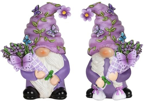 Eousera 2PCS Purple Lavender Butterfly Gnome Figurines, Resin Swedish Dwarf Statues Decor Indoor Home Decoration Adorable Dream Gift for Women