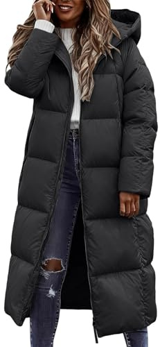 Duohropke Abrigo de plumas para mujer, abrigo largo acolchado con cinturón, chaqueta de plumón de invierno con capucha extraíble, grueso y elegante, abrigo de invierno, chaqueta acolchada de gran