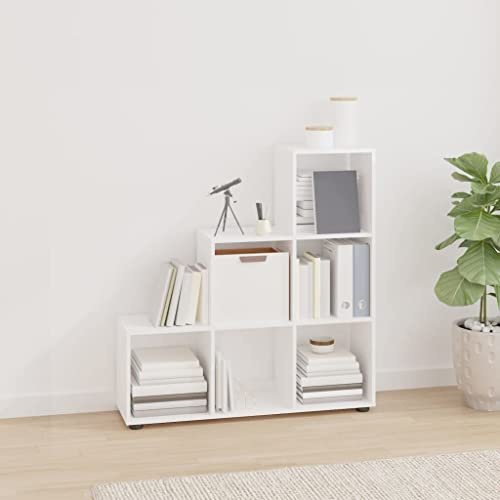 WEMYUFURN Scaffale per scale bianco lucido, 107 cm, in legno con 6 scomparti per libri e decorazioni, soluzione di stoccaggio, resistente libreria per soggiorno e ufficio