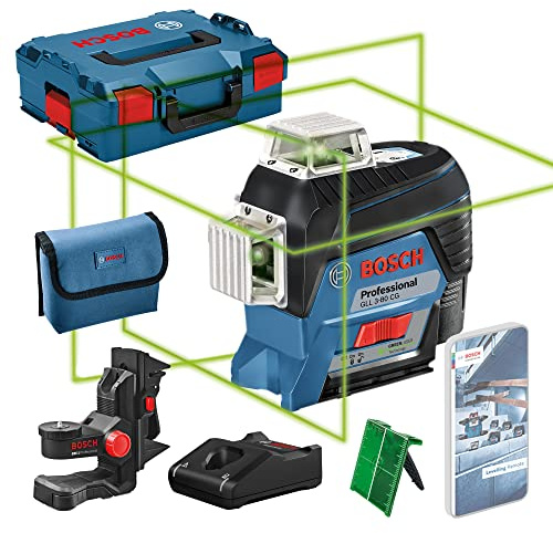 Bosch Professional 12V System Laser Level GLL 3-80 CG (1x Battery 12V, Green Laser, Interior, w/app Function, Mount, Working Range: 30m, in L-BOXX)