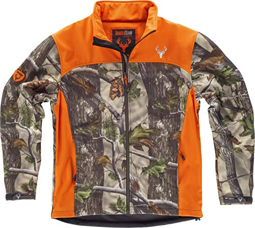 Work Team Chaqueta Caza y Pesca workshell Estampada con Motivos Vegetales, con canesús y costadillos a Contraste. Cuello Alto y cubrecosturas Interior Hombre Camuflaje Bosque Verde+Naranja A.V. XXL