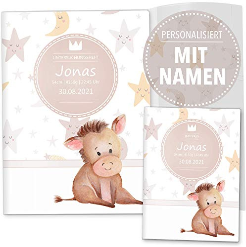 OLGS U-Heft und Impfpasshülle Set 3-teilig | Sleepy Mond und Sterne | Hüllen für Untersuchungsheft & Impfpass | Geschenkidee personalisierbar mit Namen (Uheft, Impfpass Hüllen personalisiert, Esel)