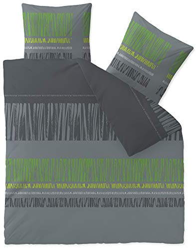 CelinaTex Touchme - Biancheria da letto in flanella, 200 x 220 cm, 3 pezzi, in cotone, per l'estate e l'inverno, tutto l'anno, facile da pulire, Anni grigio, nero, verde