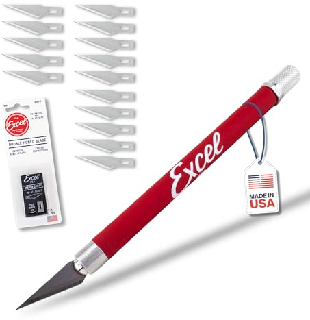 Excel Blades K18 Soft Grip Craft Knife Set – Precision Fine Point Angled Blade #11 with 15 Replacement Blades – Hobby Knife for Cutting, Trimming, Scrapbooking & Crafting – Red – Made in USA