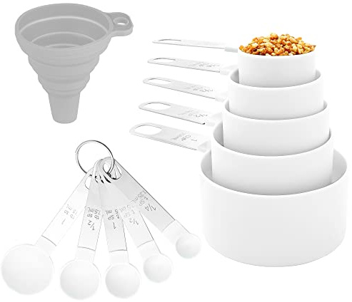 Measuring Cups and Spoons Set of Huygens Kitchen Gadgets 10 Pieces, Stackable Stainless Steel Handle Measuring Cups for Measuring Dry and Liquid Ingredient (White)