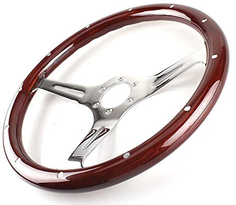 Sportlenkrad Klassische Mahagoni-Holz-Getreide-Braun-Trimm-Rennsteuerungsrad mit Niet 15inch 38 cm Universal-Auto-Sport-Lenkrad SportlenkräDer