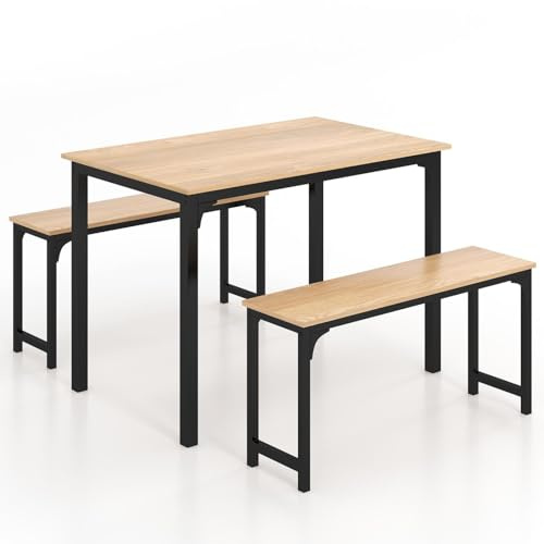 TANGZON Dining Table with 2 Benches, 3 Pieces Steel Frame Kitchen Table Set, Industrial 4-6 Person Breakfast Dining Table and Chairs for Home Dining Room (Natural+Black)