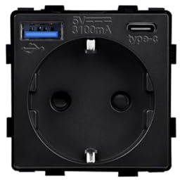 Luxus-Time Schuko Einbau Steckdose + USB 2-fach Typ A/C Netzteil MODUL Ladegerät 20W Mehrfachstecker UP Ladestecker schwarz MP010U-12