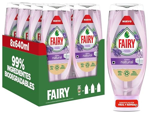 Fairy Lavavajillas Liquido a Mano, 8 x 640ml, Fragancia Natural con Aroma a Lavanda y Romero, 99% de Ingredientes Biodegradables