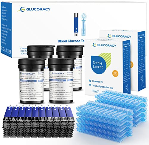 Blood Glucose Test Strips Set, 200 Test Strips & 200 Blood Lancets, Only Work with Glucoracy G-425-2/G-425 Blood Sugar Monitor, Self Diabetes Blood Glucose Home Monitoring, No Coding Required