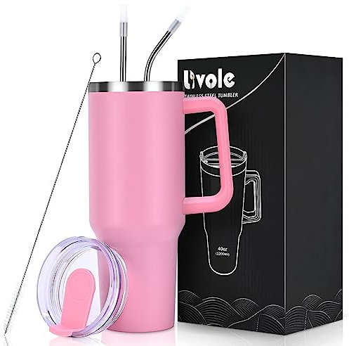 Livole 40oz 1200ml Trinkbecher mit Deckel und Strohhalm, Edelstahl Thermobecher mit Henkel, Doppelwandig Kaffeebecher to go, Vakuum Isolierter Tumbler Becher für Camping, Sport, Auto, Büro, Rosa