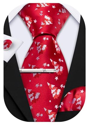 Juego de corbata navideña para hombre de Barry.Wang: incluye una corbata de moda de seda, un pañuelo de bolsillo cuadrado, dos gemelos y un clip, 4 piezas, copos de nieve festivos, Navidad, Taille