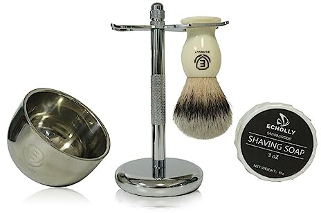 Premium Shaving Brush Kit-4 in 1 Shaving Brush Set for Men Includes Shaving Brush,Shaving Cream Soap,Stainless Steel Bowl and Safety Shaving Stand for Mens Shaving Gift Set (Ivory White)