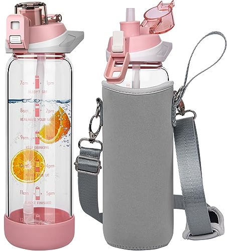 Seekua 0.8l Sport Trinkflasche Glas Flasche mit Strohhalm & Zeitmarkierung 800ml auslaufsicher bpa frei Wasserflasche Motivation mit Schutzhülle für Smoothie, Früchte Kohlensäure geeignet