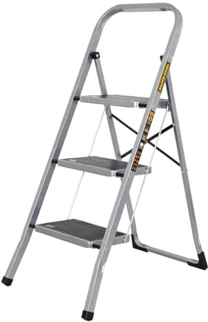Escabeau en Acier Robuste, marches en Caoutchouc antidérapant, Pieds antidérapants, Plateforme compacte avec poignée, échelle de sécurité Pliable avec capacité maximale de 150 kg, TOUGH MASTER (3