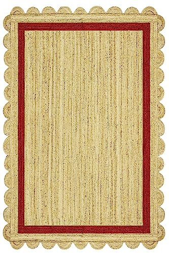 CASAVANI Gewellter Läufer – 2,6 x 4 geflochtene Jute, Rot und Beige, geometrisch, 0,19 Zoll dick, Kelim für den Innenbereich, Jute-Flachgewebe-Teppiche für den Außenbereich, Läufer, Küche, Flur