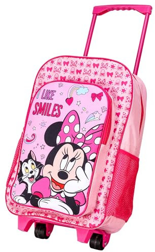 Minnie Mouse Deluxe Trolley Rucksack Kinder Reisetasche Kinder Charakter Gepäck Träger Koffer mit seitlichen Netztaschen, rose, Trolley Rucksack mit verstellbaren Gurten und Rollen