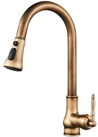 Antique Brass Kitchen Tap with Pull Out Spray, Kitchen Sink Tap Single Handle Dual Mode Swivel Brass Kitchen Sink Tap-Antique