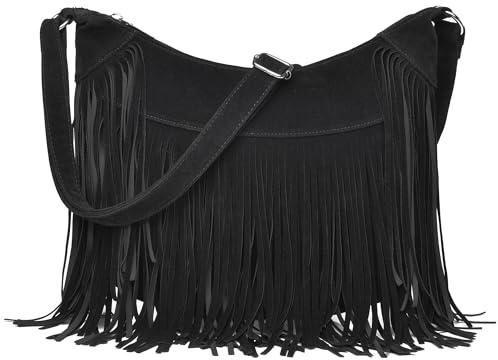 Dora & Liz Hobo-Tasche mit Fransen für Damen, Vintage, Wildleder, Umhängetasche, Hippie, Western-Cowgirl, Geldbörsen, Quaste, Schultertasche, Schwarz, 14.2 L x 3.9 W x 10.3 H