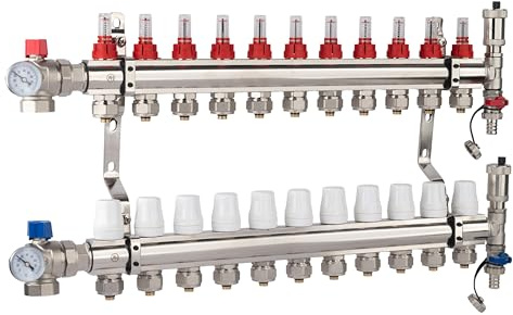 AQUA HEATING Collettore Per Riscaldamento A Pavimento 11 Circuiti Di Riscaldamento Kit Collettore Riscaldamente 10 Bar Valvola Ad Angolo