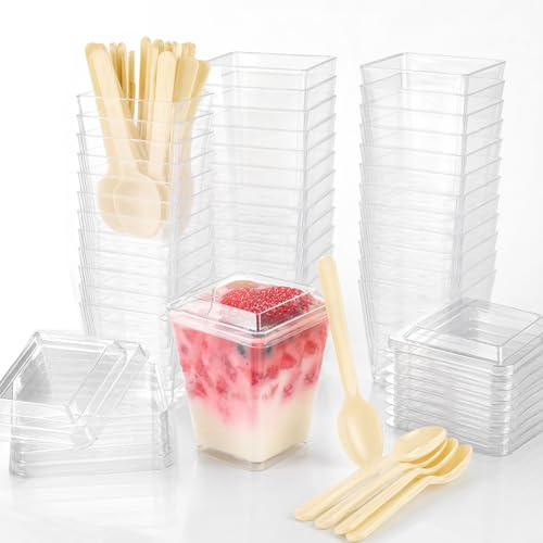 SHUESS 100 Stück Dessertbecher mit Deckel 150 ml Dessertschalen-Set, Mit Suppenlöffeln und Deckel, DIY dessertschalen, Wiederverwendbar für Mousse, Pudding,Eis,für Buffets,Picknick, Dessertparty