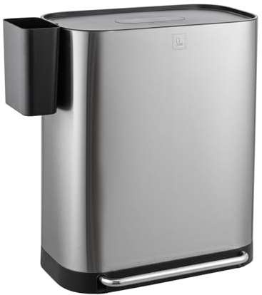 SVITA MLT2X30 Mülleimer 2 x 30 Liter Treteimer Abfalleimer 60 Liter mit 2 Fächern mit zusatz Fach freistehend mit Deckel inkl. Inneneimer für Küche in Silber