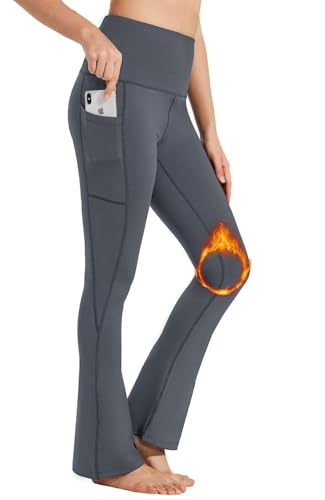 BAYGE Termobootcut för kvinnor, vinter, hög midja, fleece, fodrade, vattentäta, ogenomskinliga, magkontroll, slim fit, leggings, sportbyxor, slagbyxor, sweatbyxor, träningsbyxor med fickor, Stålgrå,