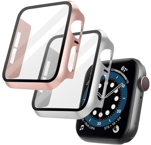 OFFCUP Case with Screen Protector Compatible, 2pcs Hard Case Designed for Apple Watch S6/5/4/SE 44mm with Tempered Glass Screen Protector Built-in Tempered Glass Film High Sensitivity (Rose Gold)