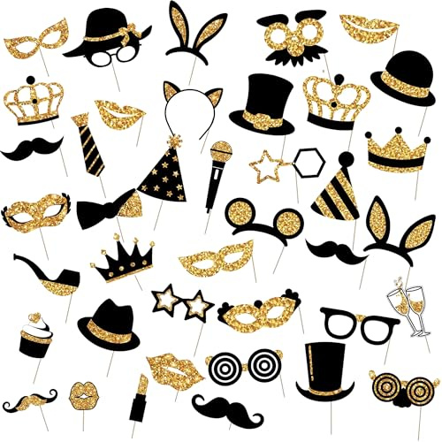Photo Booth Props Birthday Decorations - 40 Pieces Selfie Photobooth Accessories Black and Gold Theme Set for Funny Birthday Prom Graduation Festival Wedding Party Supplies
