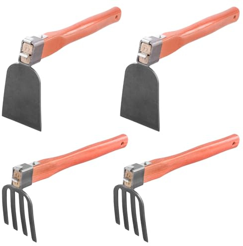 MAKTSAM 4 PCS 15 Inch Garden Digging Hoe and Garden Cultivator Rake, Garden Tool Hoes with Wooden Handle for Loosening Soil, Weeding