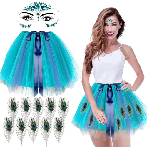 LXWINNER Pfauenkostüm für Damen, blau-grün, kurze Röcke, Tüll, 10 Stück, Pfauenfedern, Edelsteine für das Gesicht, blauer Tutu-Rock für Damen, für Karneval, Halloween, Mottoparty, Cosplay